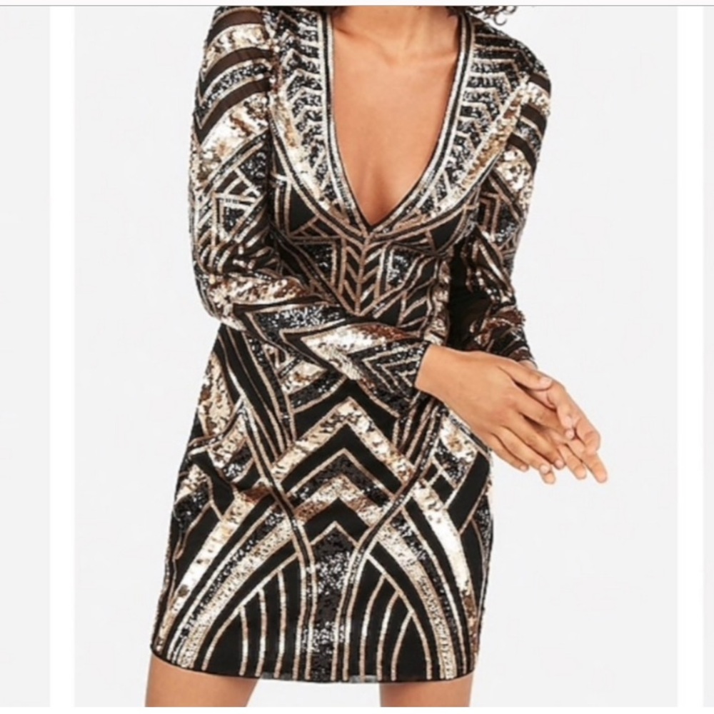 NWT XS Express Black Gold Sequin Long Sleeve Minidress